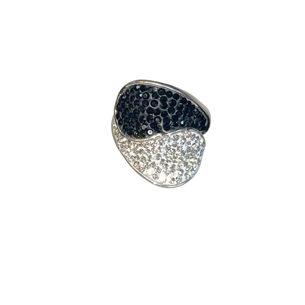 Women Black Clear Crystals Accent ATI Marked Costume Ring Sz 6.5 Yin Yang